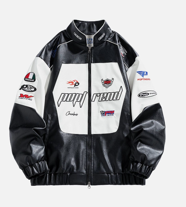 Fur Coat Embroidery Color Blocking Racing Jacket