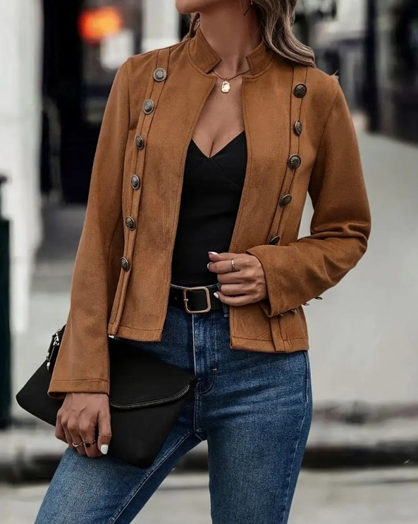 Fur Coat Faux Suede Stand Collar Jacket Open Front Button Decor Casual Coat