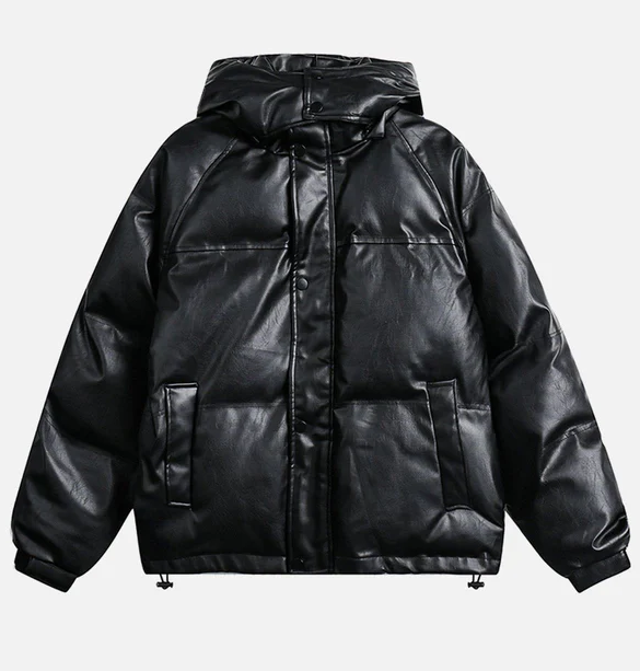 Down Jacket Detachable Hood Faux Leather Puffer Jacket