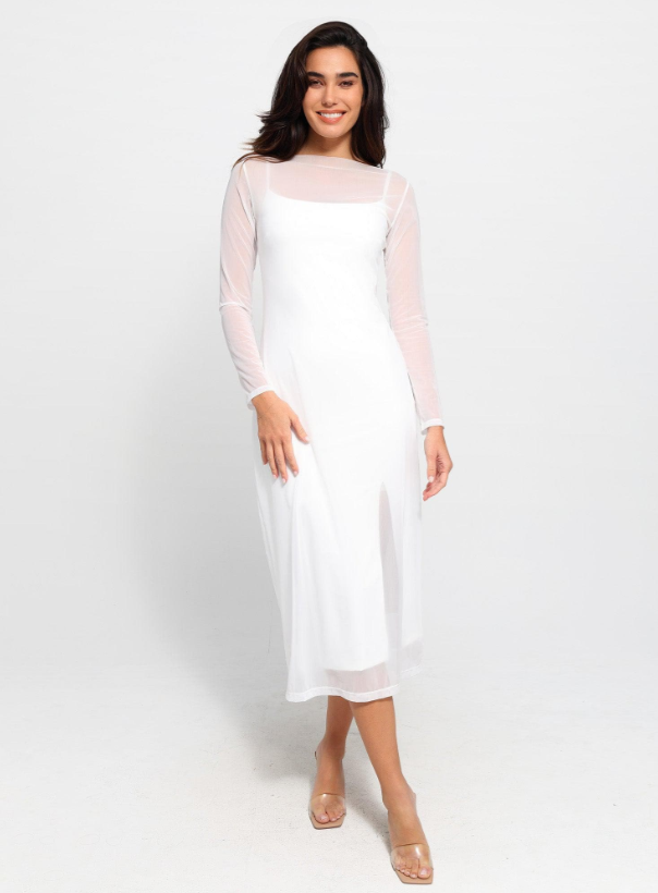 White Dress The Shapewear Dress Set Sheer Mesh Slip Split Midi