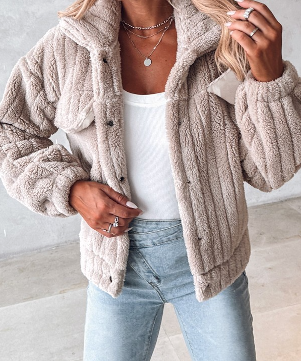 Turn-down Collar Buttoned Teddy Jacket