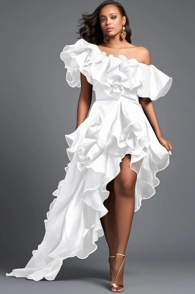 Plus Size Wedding White Halter Collar Split Ruffle Maxi Dresses