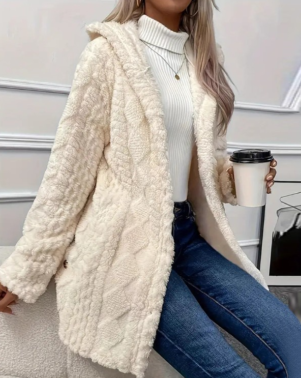 Textured Button Down Side Slit Long Sleeve Fleece Teddy Coat Hooded Jacket Warm Outwear